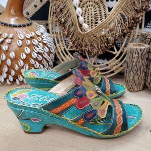 CORKY’S ELITE Bonsai 9 Tooled Leather Sandal Wedge Peacock Feather Jeweled Boho